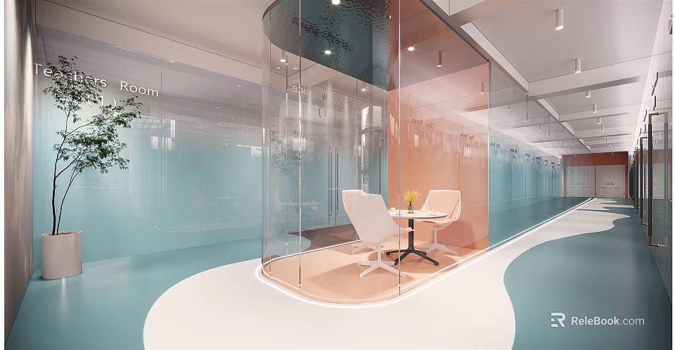Modern Office Corridor With Glass Partitions Blue Orange Tones Curved Sleek Flooring And Green Plants 3d model 