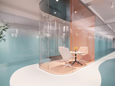 Modern Office Corridor With Glass Partitions Blue Orange Tones Curved Sleek Flooring And Green Plants 3d model