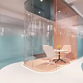 Modern Office Corridor With Glass Partitions Blue Orange Tones Curved Sleek Flooring And Green Plants