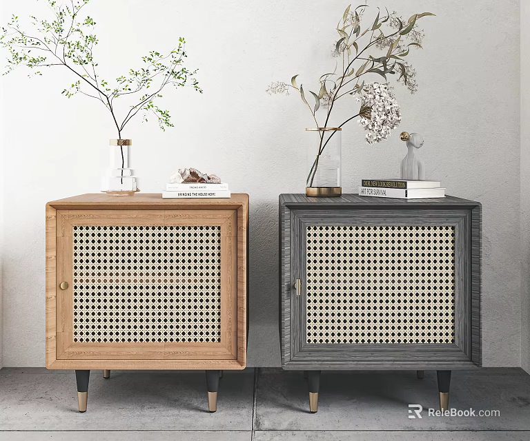 Stylish Light Wood and Dark Gray Bedside Tables with Rattan Panels Decorative Plants and Books 3d model 