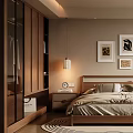 Minimalist Modern Bedroom Interior With Wooden Bed Decorative Paintings Nightstands And Area Rug