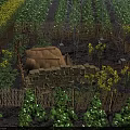 Garden Landscape with Thatched Stone Hut Bamboo Fence Green Plants Yellow Flowers Neat Crop Rows