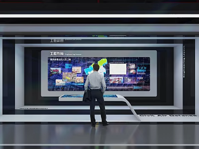Person Interacting With Large Computer Display Featuring Multiple Digital Interface Windows 3d model