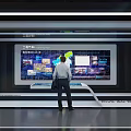 Person Interacting With Large Computer Display Featuring Multiple Digital Interface Windows