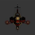 Steampunk Warship With Red Hull Black Deck Mechanical Wheels And Flag