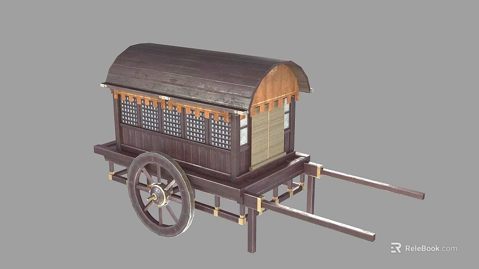 Vintage Wooden Horse-Drawn Carriage With Curved Roof Latticed Windows And Wooden Wheels 3d model 