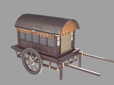 Vintage Wooden Horse-Drawn Carriage With Curved Roof Latticed Windows And Wooden Wheels 3d model