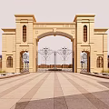 Classical Entrance Gate with Stone Structure Symmetrical Pillars and Wrought Iron Design 3d model