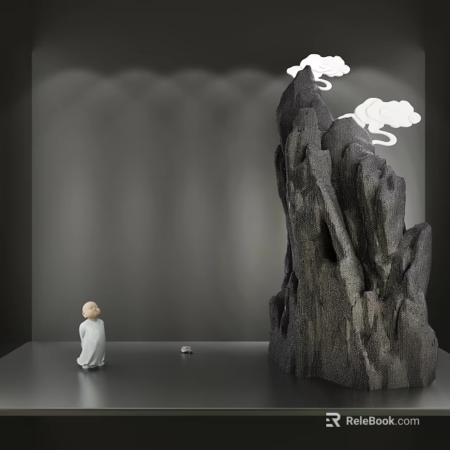 Artistic Garden Ornament With Rock Sculpture Cloud Accents And Miniature White Robed Figure 3d model 