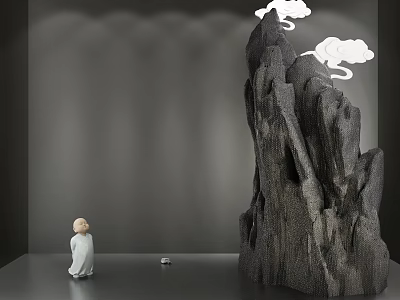Artistic Garden Ornament With Rock Sculpture Cloud Accents And Miniature White Robed Figure 3d model