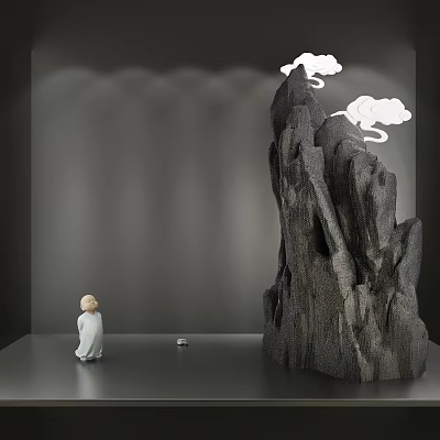 Artistic Garden Ornament With Rock Sculpture Cloud Accents And Miniature White Robed Figure 3d model