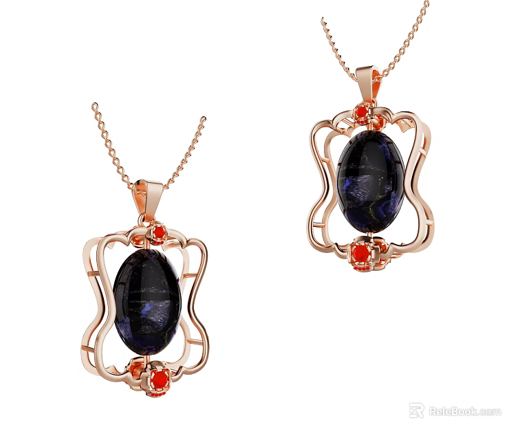 Rose Gold Pendant Necklaces Featuring Dark Blue Gemstone And Red Accent Stones In Intricate Frame 3d model 