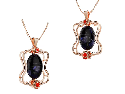 Rose Gold Pendant Necklaces Featuring Dark Blue Gemstone And Red Accent Stones In Intricate Frame 3d model