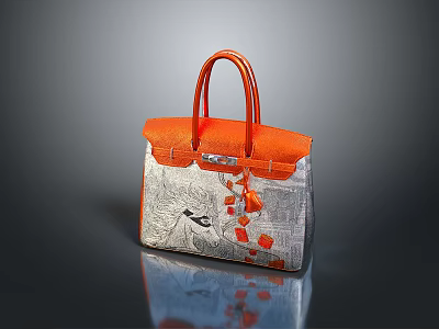 Stylish Orange And Gray Leather Handbag With Decorative Pattern And Top Handles 3d model