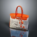 Stylish Orange And Gray Leather Handbag With Decorative Pattern And Top Handles