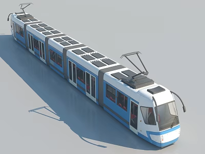 Modern Electric Tram With Solar Panels On Roof And Blue White Exterior 3d model