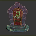 Red Wooden Door Entrance Gate With Purple Stone Frame And Blue Base