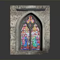 Architectural Arched Window Featuring Stained Glass and Stone Wall Design