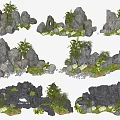 Artificial Rockery Stones Display With Lush Plants And Waterfall Elements