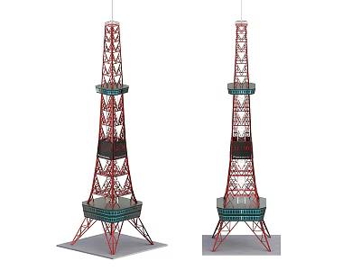 Red and Black Iron Tower Structure With Green Base and Platforms Design 3d model