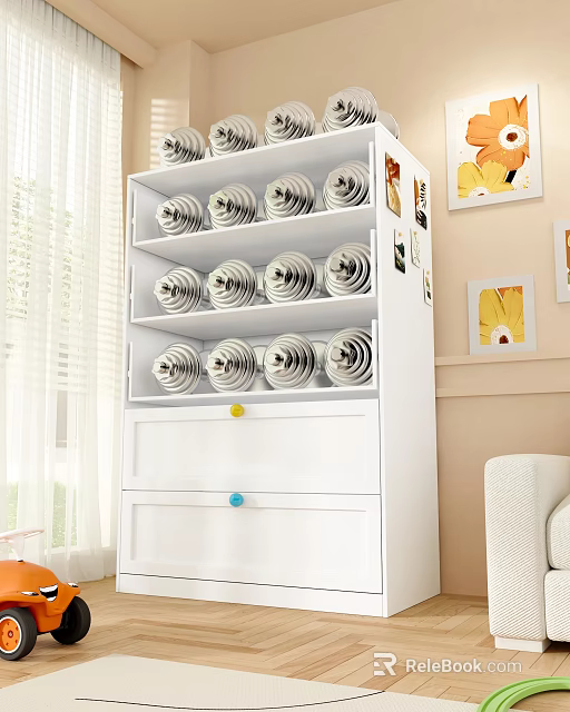 White Chest of Drawers With Multiple Shelves Spiral Silver Decor And Colorful Knobs 3d model 