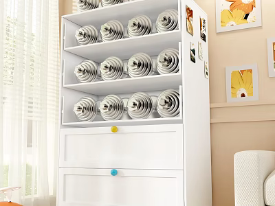 White Chest of Drawers With Multiple Shelves Spiral Silver Decor And Colorful Knobs 3d model