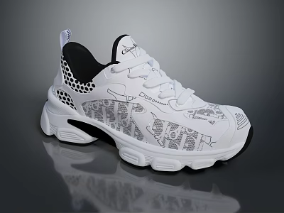 Modern White Sports Sneakers With Black Accents Mesh Details Patterned Upper And Structured Sole 3d model
