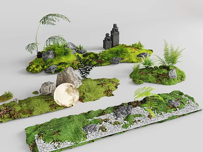 Natural Plant Combination with Moss Ferns and Rocks in Miniature Green Landscape 3d model