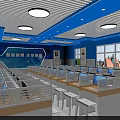 Bright Blue School Classroom with Desks Chairs Blackboard Windows and Ceiling Lighting 3d model