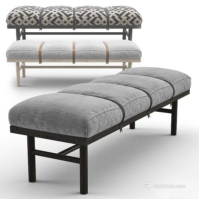 Modern Light And Dark Gray Sofa Benches With Brown Straps Upholstered Cushions And Wooden Legs 3d model 