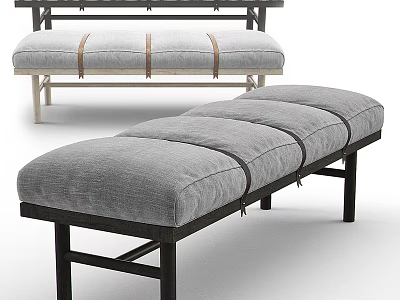 Modern Light And Dark Gray Sofa Benches With Brown Straps Upholstered Cushions And Wooden Legs 3d model