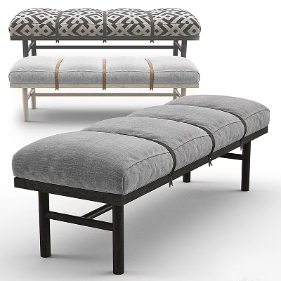 Modern Light And Dark Gray Sofa Benches With Brown Straps Upholstered Cushions And Wooden Legs 3d model