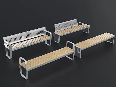 Modern Outdoor Landscape Benches For Public Spaces With Metal Frames And Wooden Seats 3d model