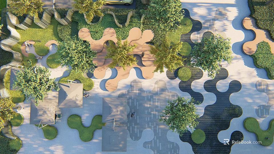 Lush Park Landscape With Curved Walkways Green Spaces And Tree Shade 3d model 