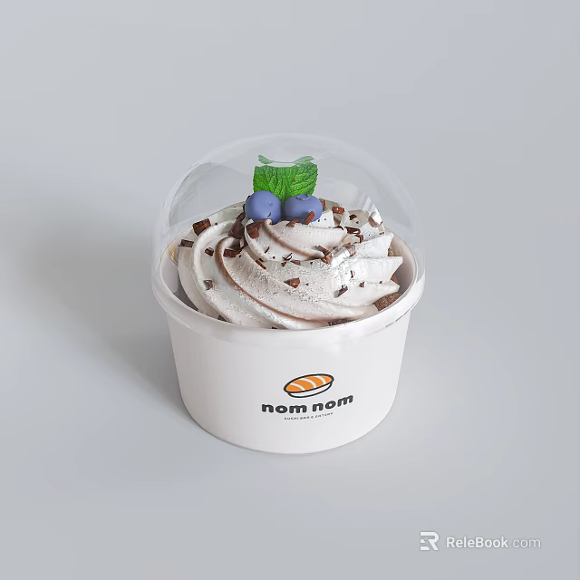 Delicious Whipped Cream Dessert In White Cup With Chocolate Shavings Blueberries And Nom Nom Logo 3d model 