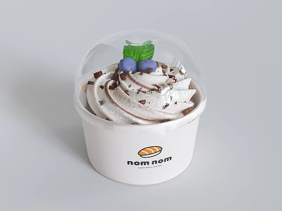 Delicious Whipped Cream Dessert In White Cup With Chocolate Shavings Blueberries And Nom Nom Logo 3d model