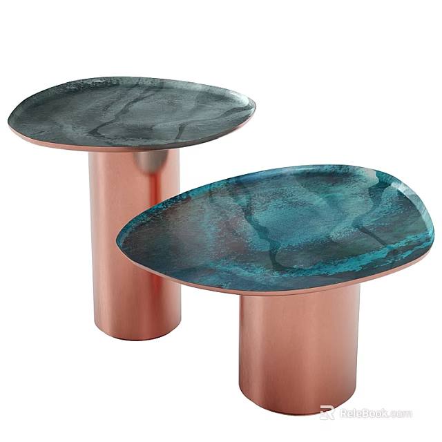 Two Piece Modern Sofa Coffee Table Set With Copper Pedestal Bases And Marbled Textured Tops 3d model 