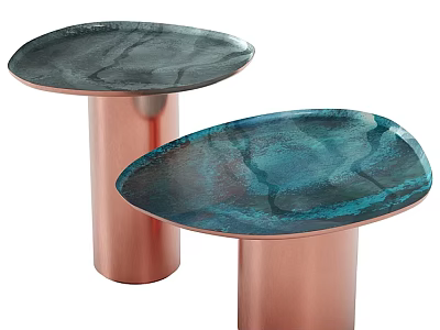 Two Piece Modern Sofa Coffee Table Set With Copper Pedestal Bases And Marbled Textured Tops 3d model