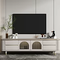 Modern Minimalist TV Stand With Flat Screen TV Drawers Arched Cabinets And Decorative Items