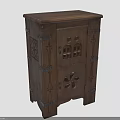 Wooden Cabinet With Carved Designs Featuring Metal Hardware Hinges And Small Window Ventilation Hole Details