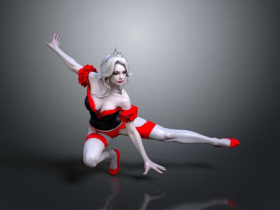 Woman With White Hair In Black And Red Outfit Doing Dancing Pose On Reflective Floor 3d model