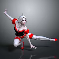 Woman With White Hair In Black And Red Outfit Doing Dancing Pose On Reflective Floor