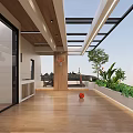 Modern Home Balcony With Wooden Flooring Glass Roof Green Plants And Orange Balls