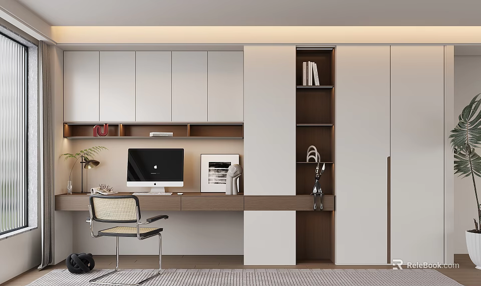 Modern Home Office Desk Setup With White Brown Cabinetry Computer Monitor Bookshelf And Chair 3d model 