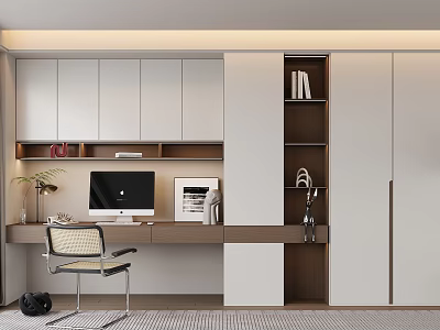 Modern Home Office Desk Setup With White Brown Cabinetry Computer Monitor Bookshelf And Chair 3d model