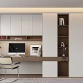 Modern Home Office Desk Setup With White Brown Cabinetry Computer Monitor Bookshelf And Chair