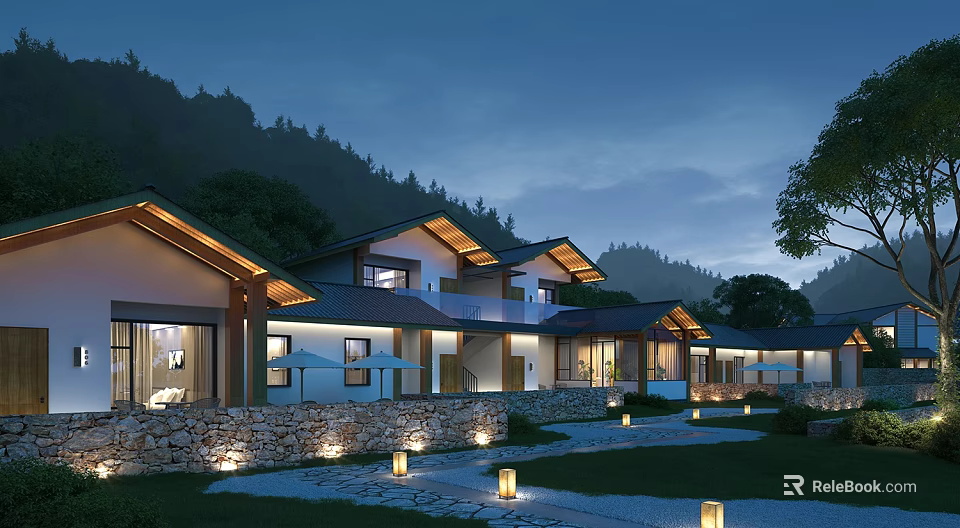 Scenic Mountain View Boutique Guesthouse Building With Stone Walls Evening Lighting And Courtyard Path 3d model 