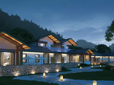 Scenic Mountain View Boutique Guesthouse Building With Stone Walls Evening Lighting And Courtyard Path 3d model