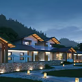 Scenic Mountain View Boutique Guesthouse Building With Stone Walls Evening Lighting And Courtyard Path