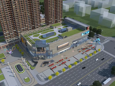 Modern Urban Commercial Street Landscape With Tall Buildings Green Roof Plaza Trees And Vehicles 3d model